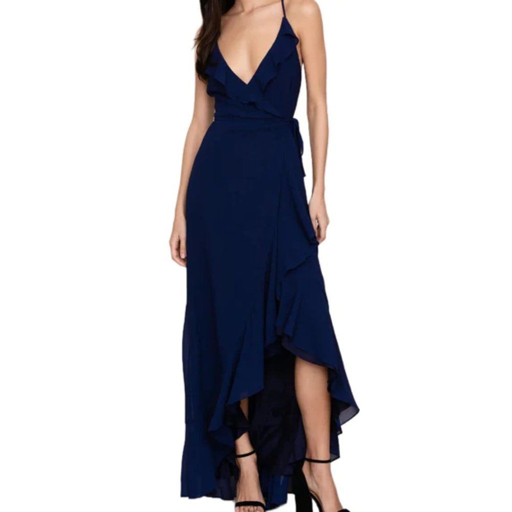 Yumi Kim Navy Blue Meadow Maxi Dress Wrap Front Tie Flowy V-Neck Size XS